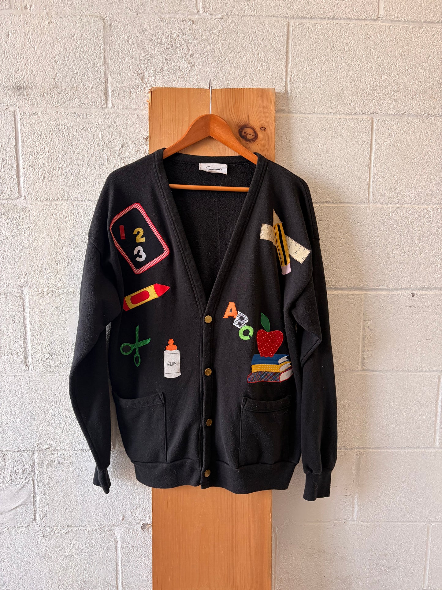 Vtg School Themed Patchwork Cardigan : L/XL