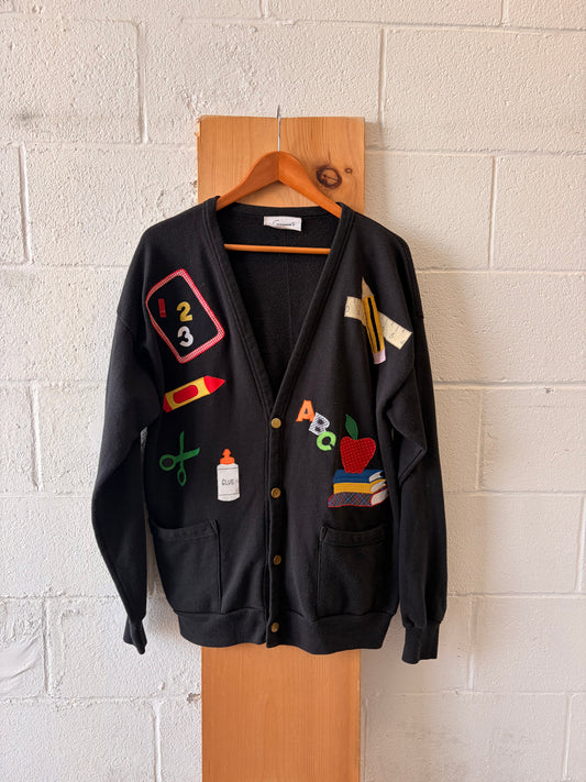 Vtg School Themed Patchwork Cardigan : L/XL