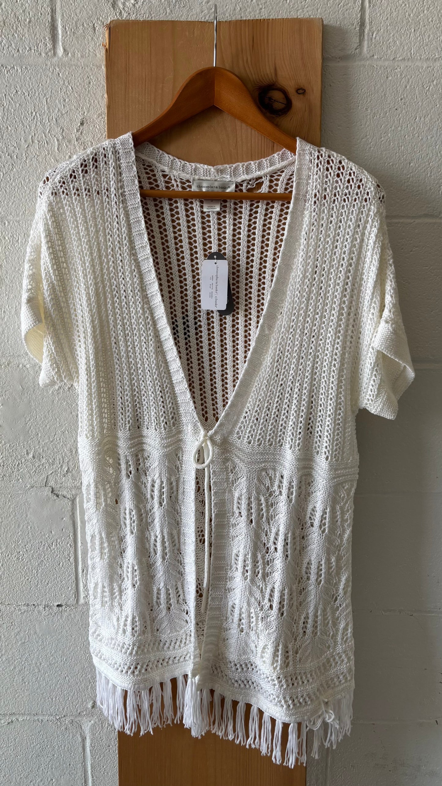 White Knit Open Front Fringed Cardigan : M