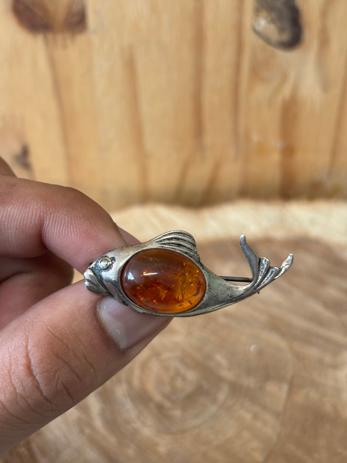 925 Silver and Amber Poland Fish Pin