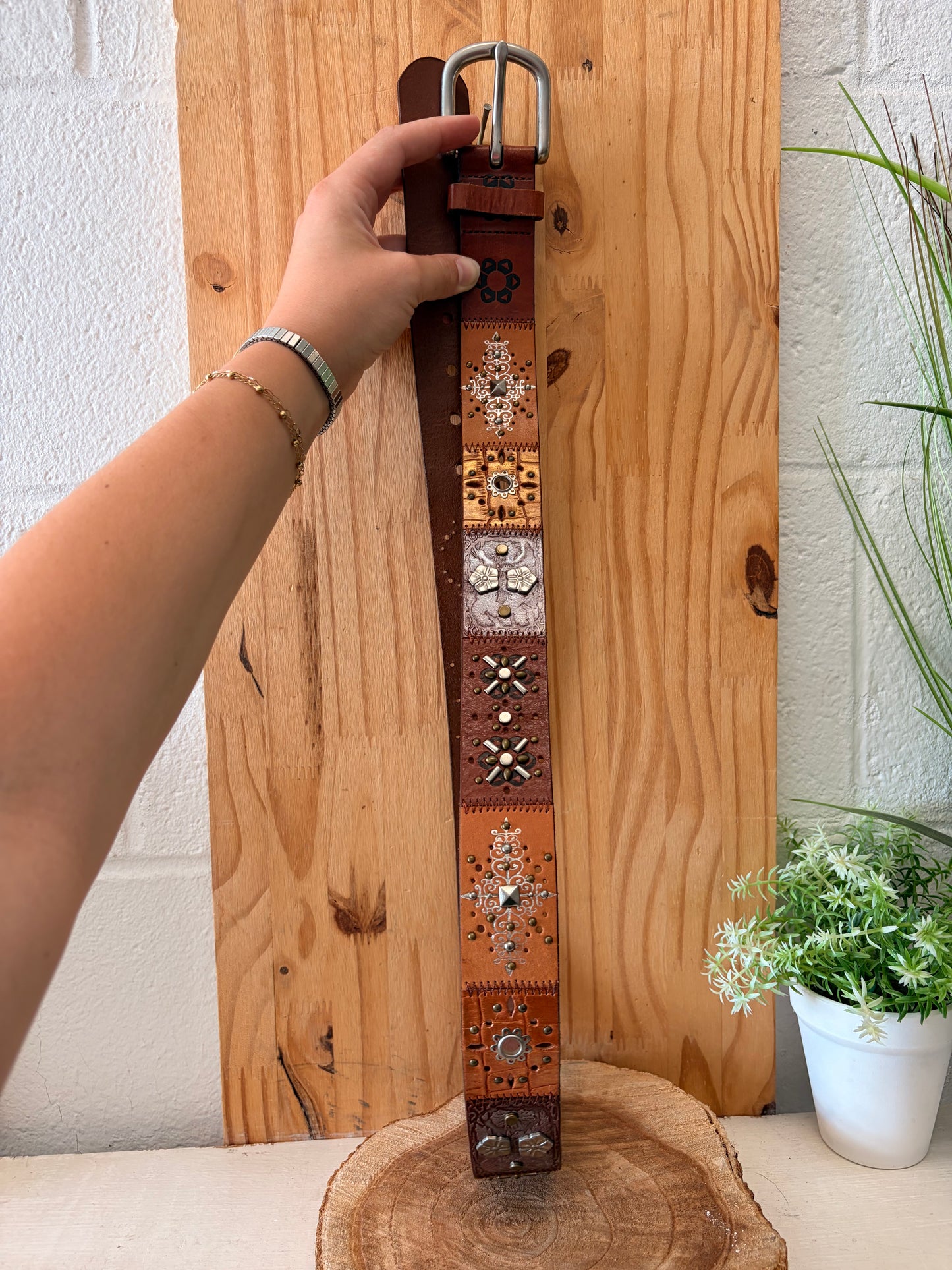 Vtg Fossil Studded Patchwork Leather Belt : L