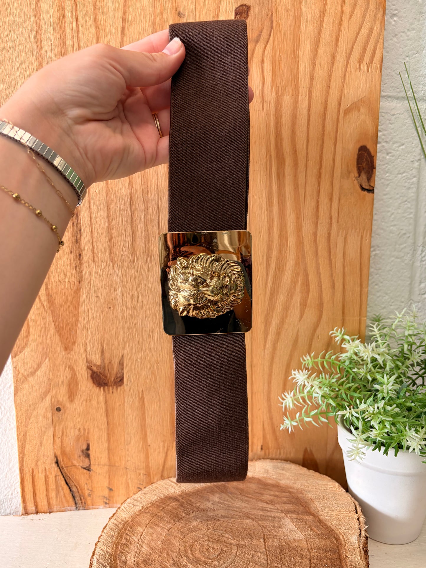 Brown Lion Buckle Stretch Belt