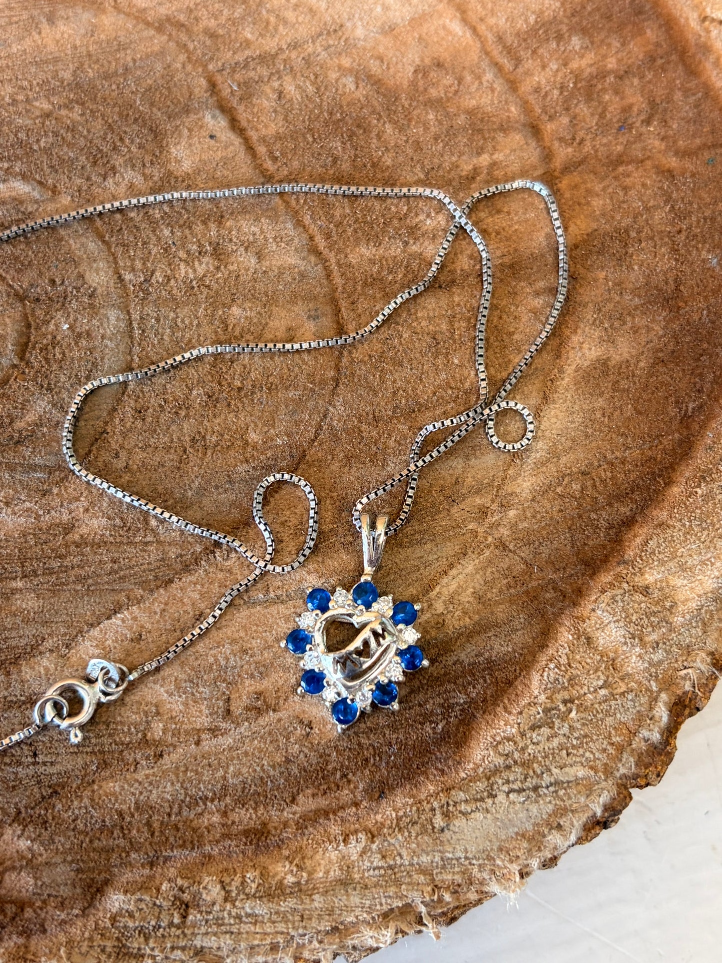 925 Blue Beaded “Mom” Heart Necklace