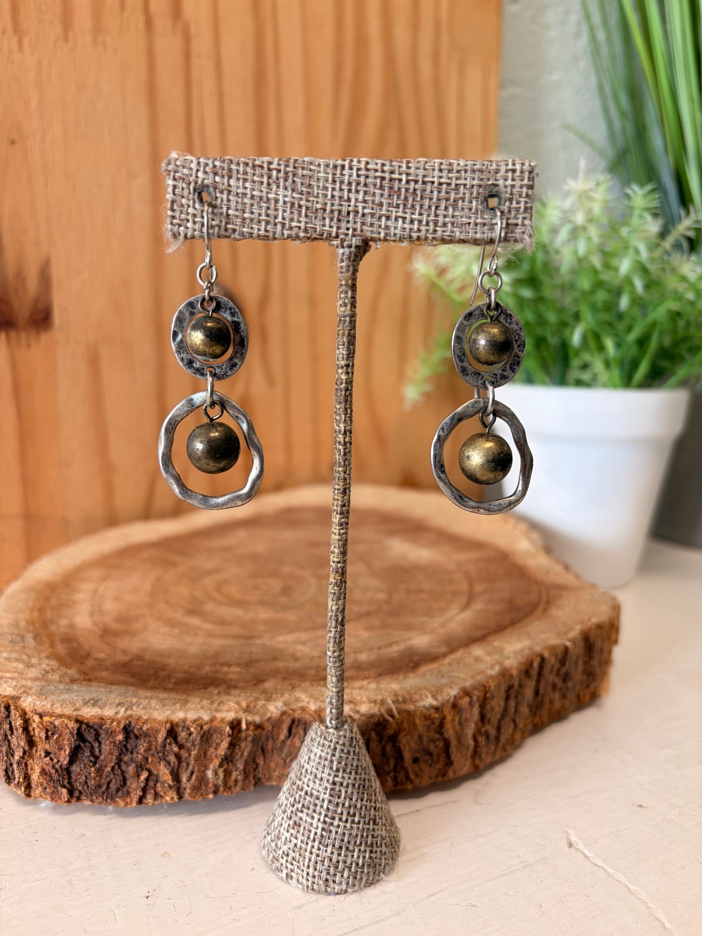 Two Tone Hammered Drop Earrings