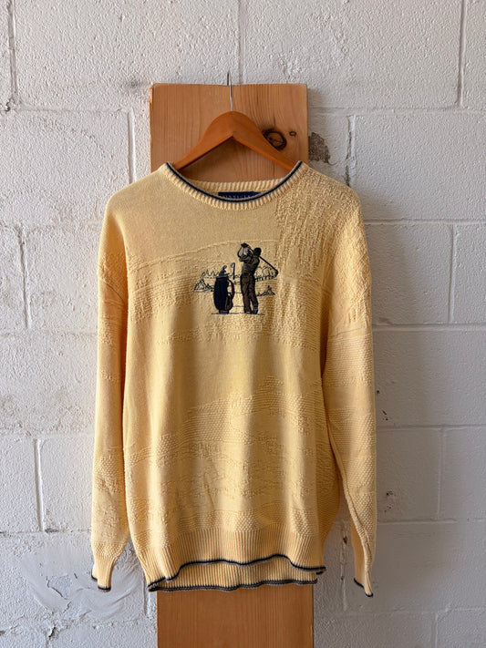 Vtg Yellow Golf Embroidered Sweater : L