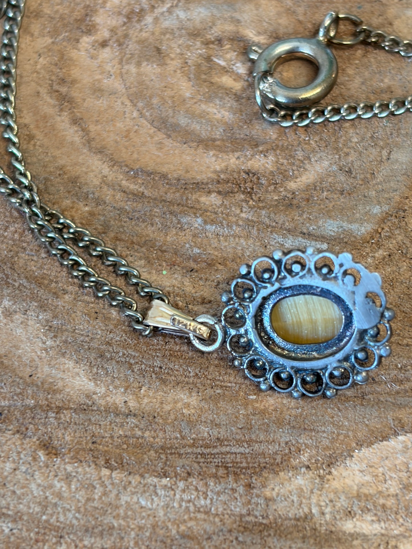 12KGP Ornate Amber Stone Pendant Necklace