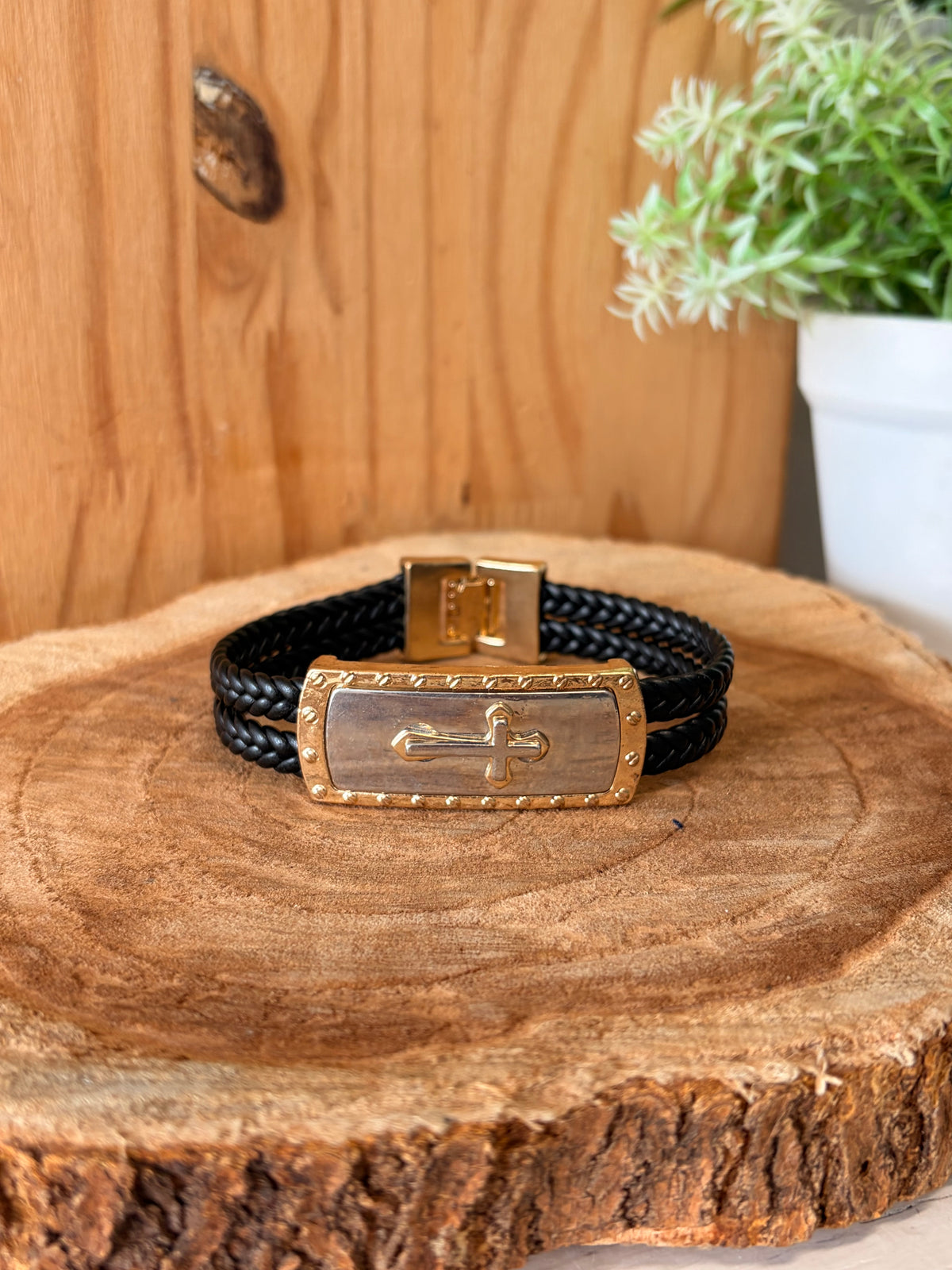 Braided Black Two Tone Cross Bracelet