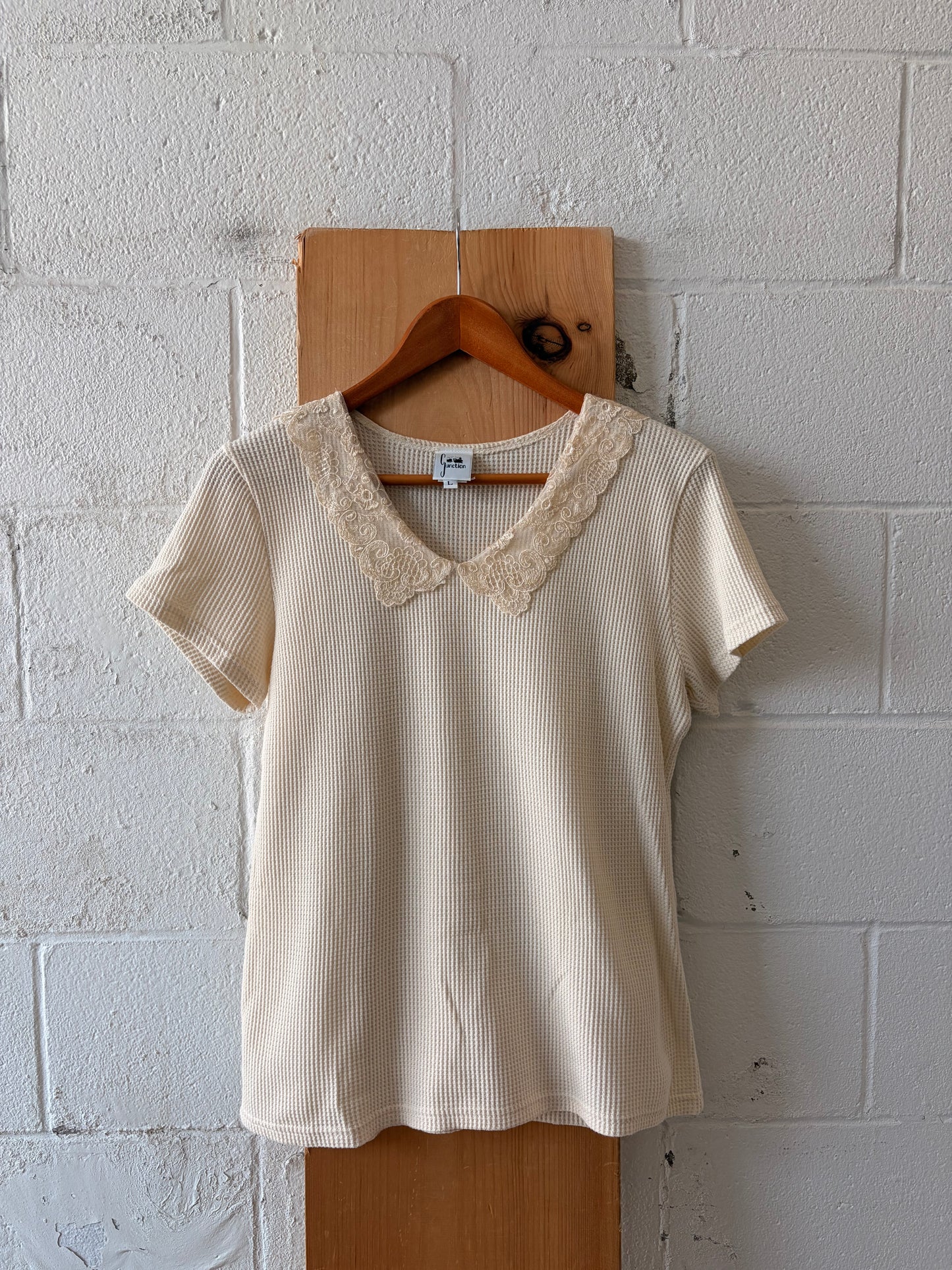 Lace Collared Waffle Knit Top : L