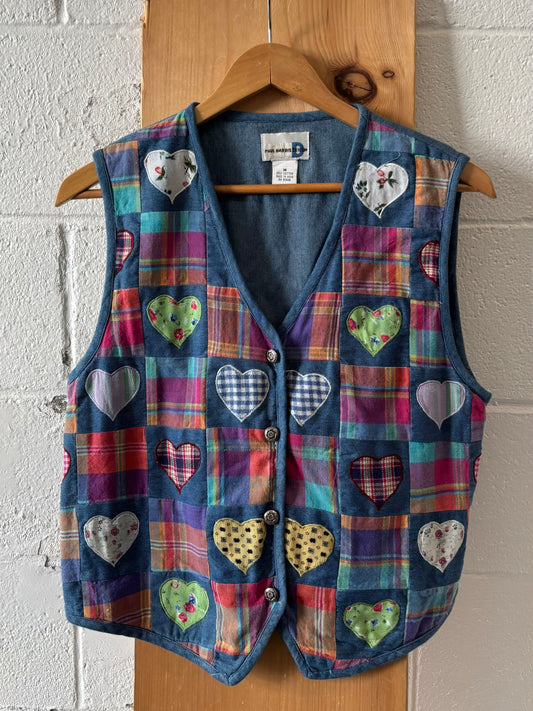 Vtg Heart Patchwork Denim Vest : M