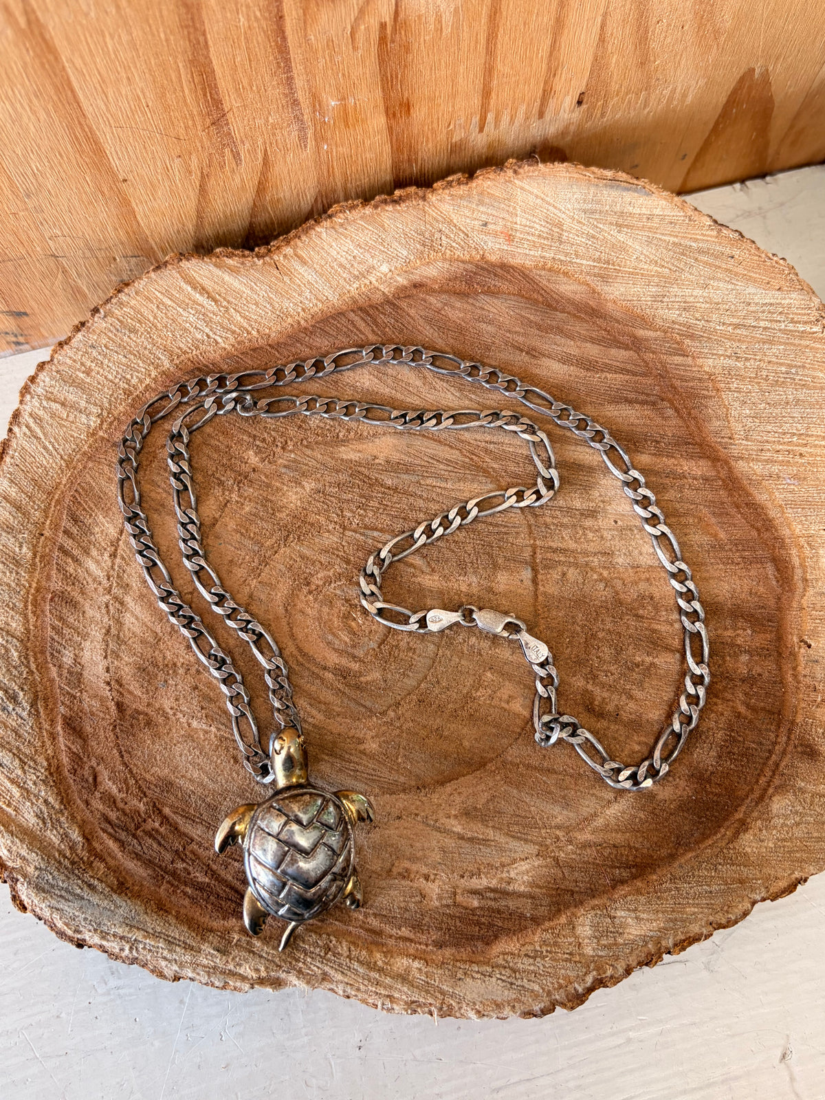925 Sterling Figaro Link Turtle Necklace