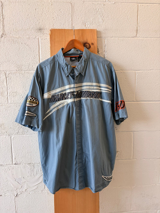 Patchwork Blue Harley Button Down : 2XL