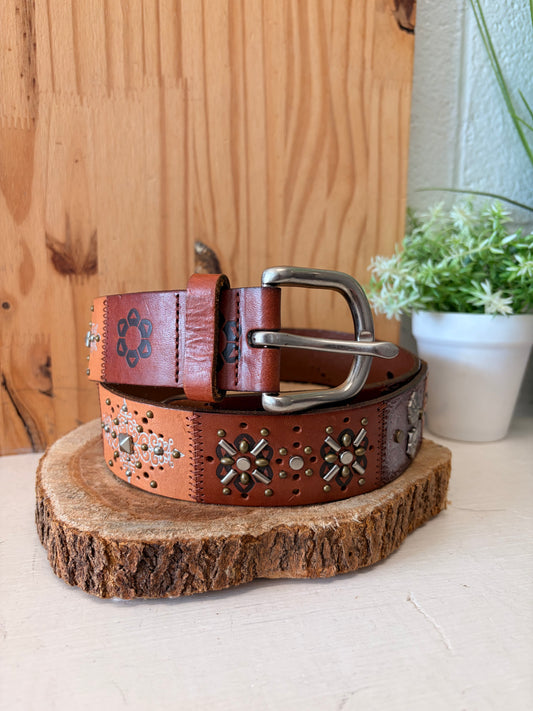 Vtg Fossil Studded Patchwork Leather Belt : L
