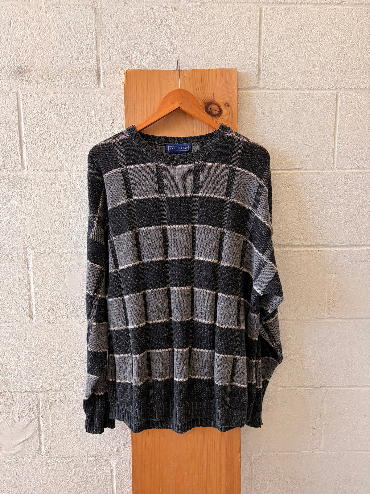Vtg Black & Gray Grid Sweater : L