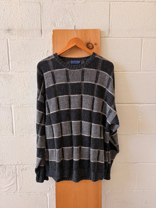 Vtg Black & Gray Grid Sweater : L