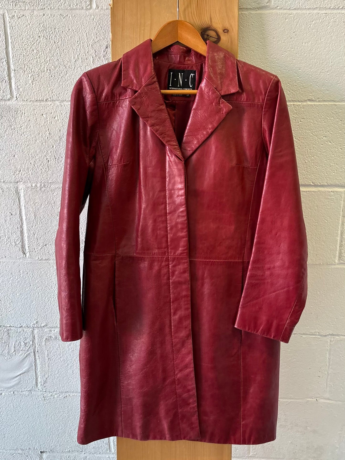 Vtg Red Leather Trench Coat : S
