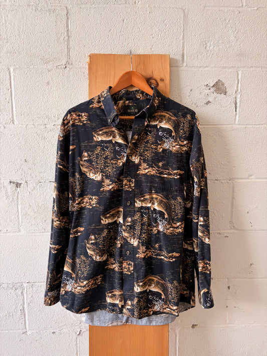 Fish Print Long Sleeve Button Down : L