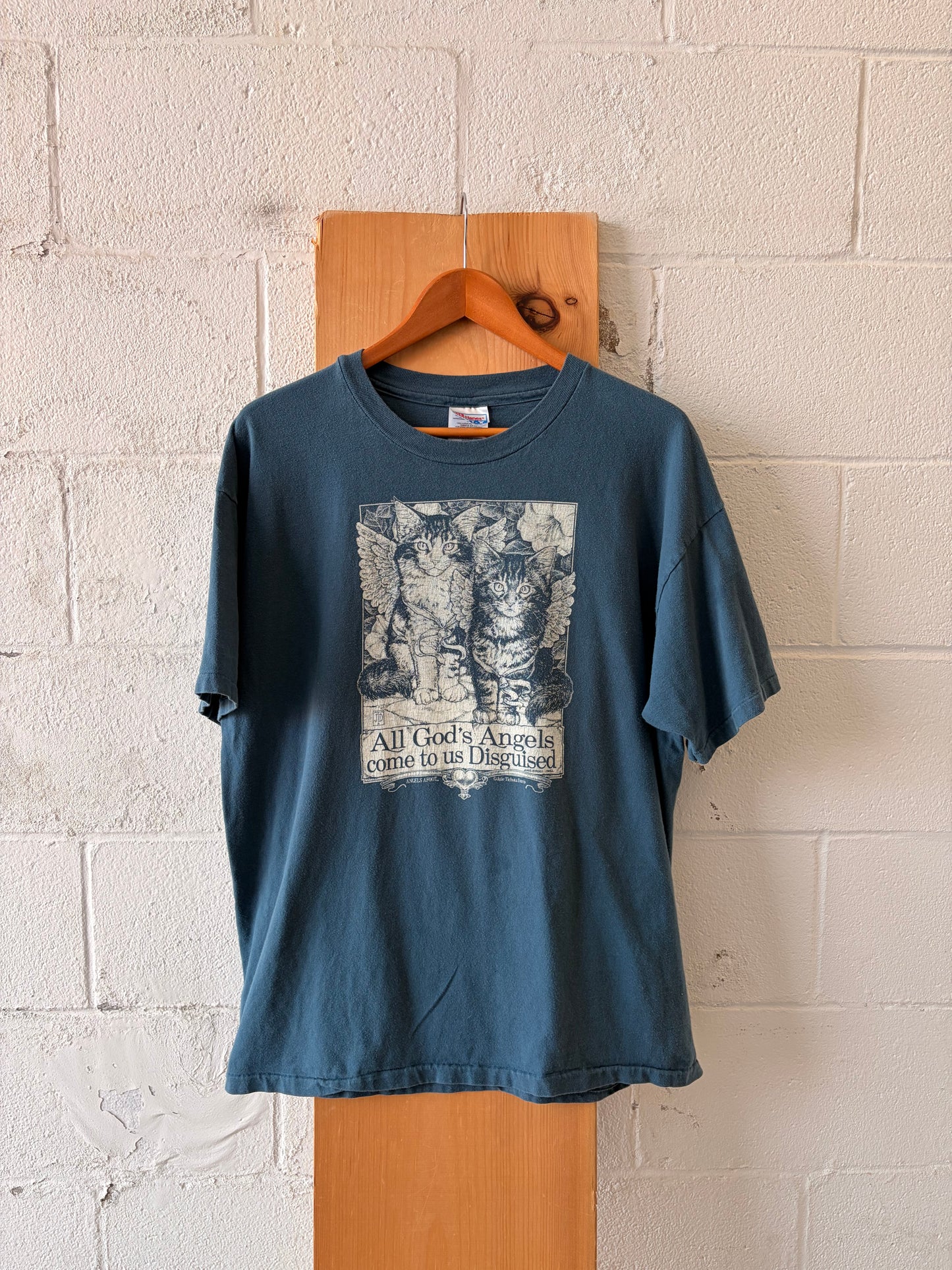 Vtg Single Stitch Angel Cat Tee : XL