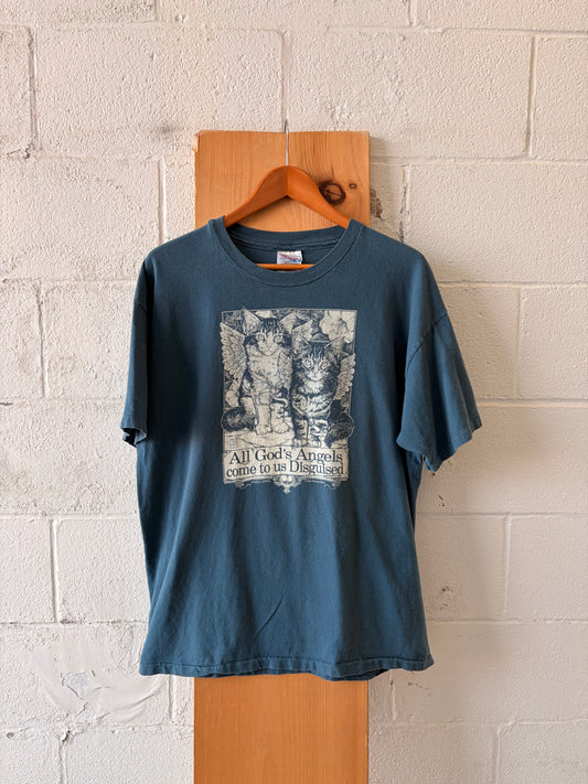 Vtg Single Stitch Angel Cat Tee : XL