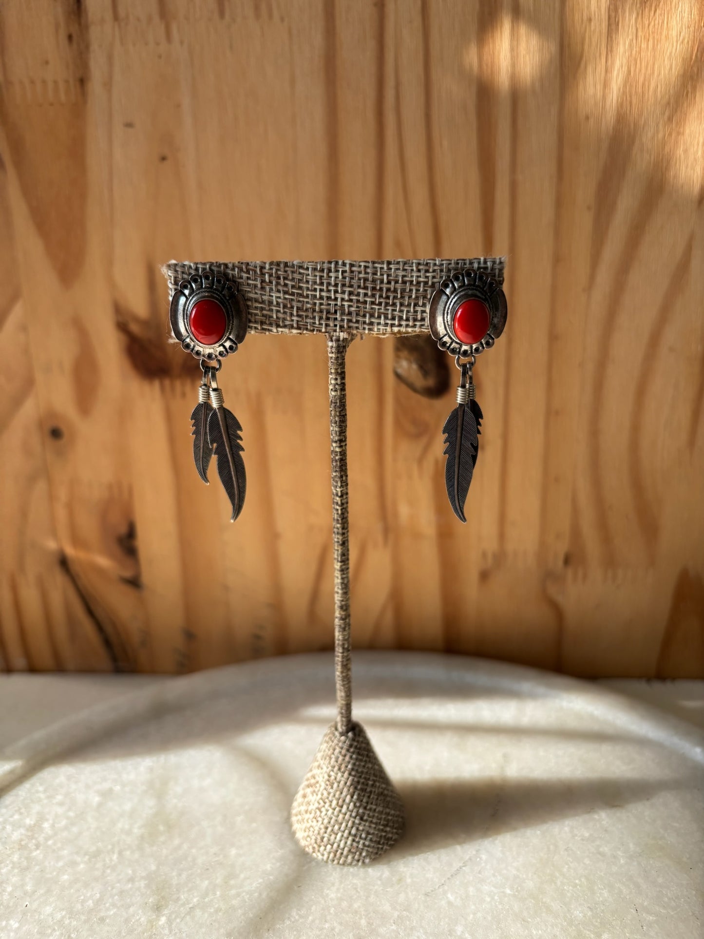 Silver Red Feather Earrings