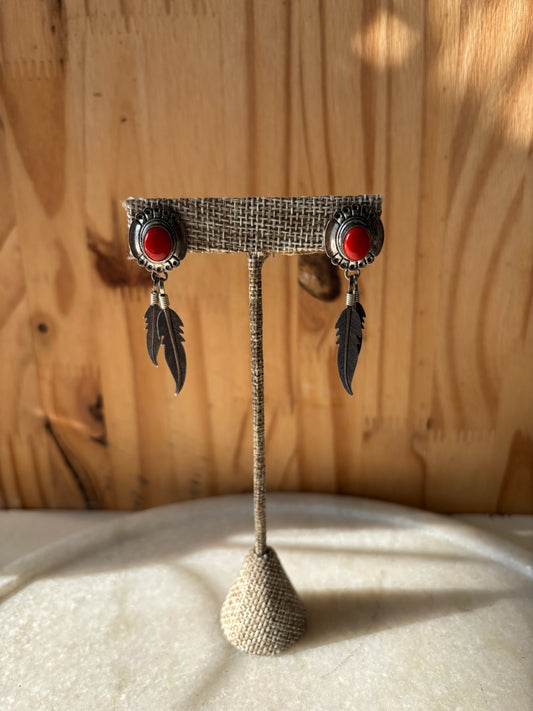 Silver Red Feather Earrings