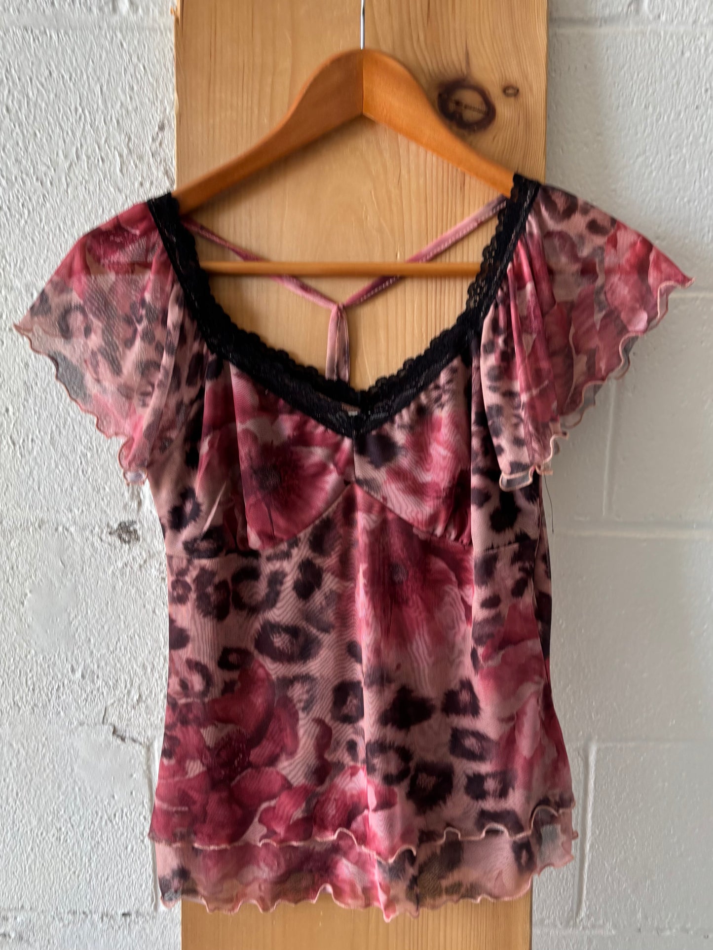 Y2K Style Floral & Leopard Print Top : M