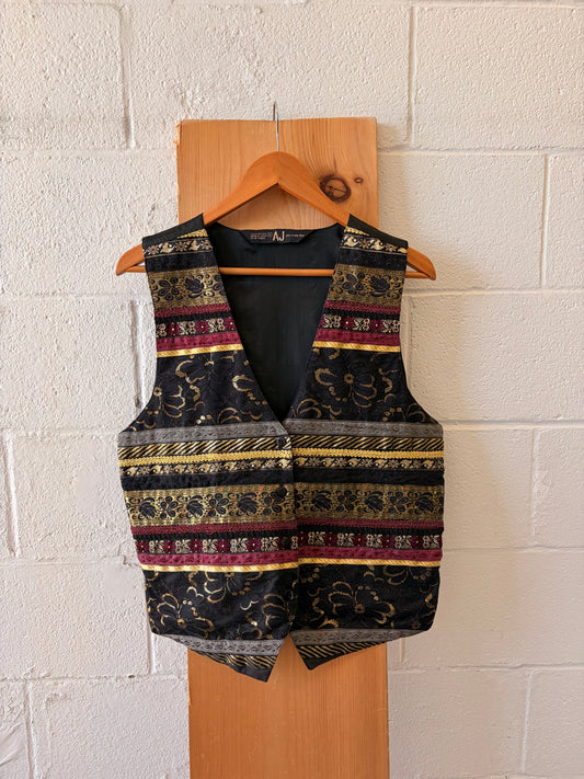 Vtg Metallic Floral Tapestry Vest : M