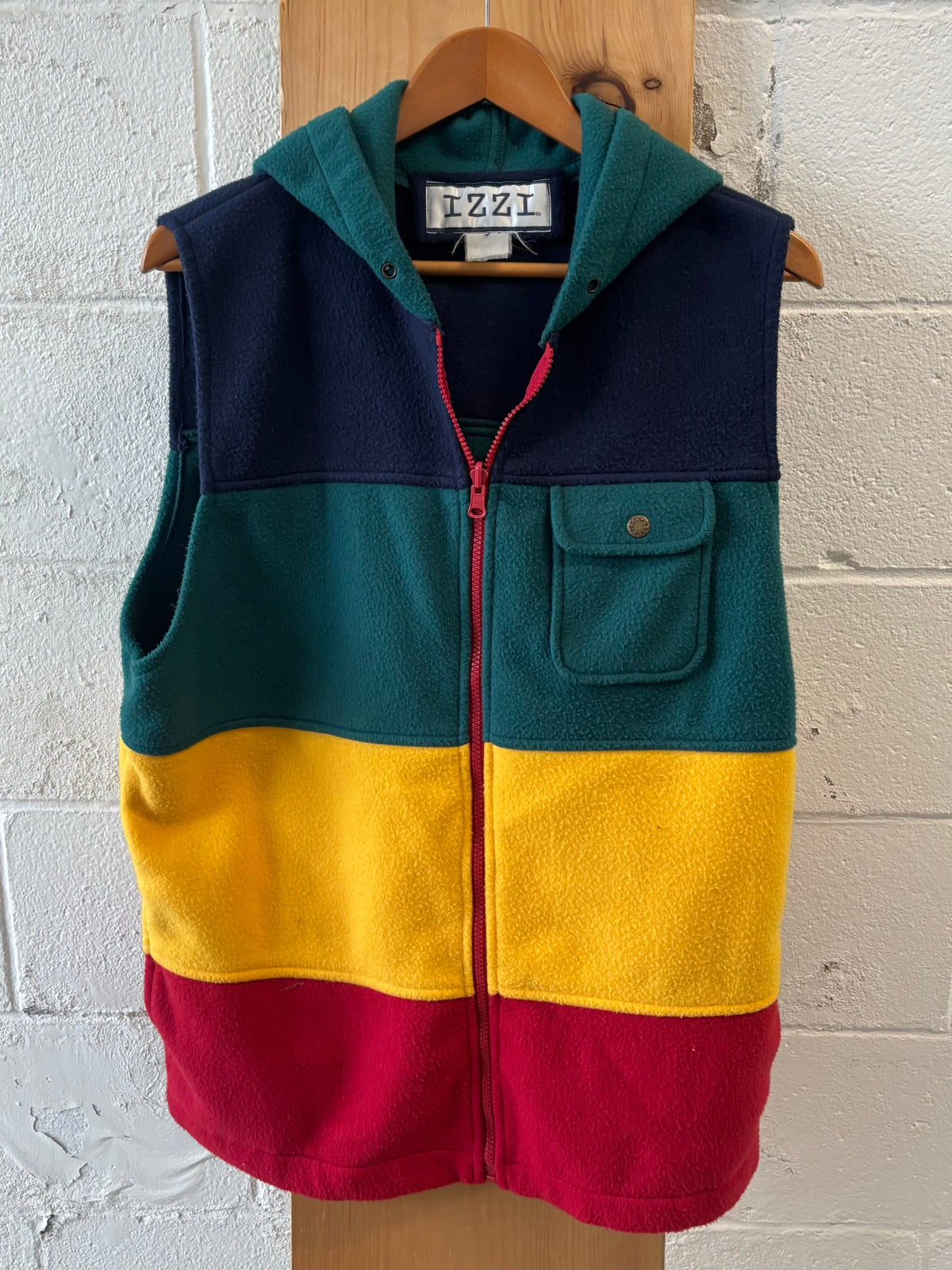 Vtg Colorblock Hooded Fleece Sweater Vest : L