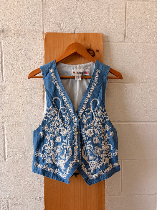 Floral Embroidered Denim Vest : L