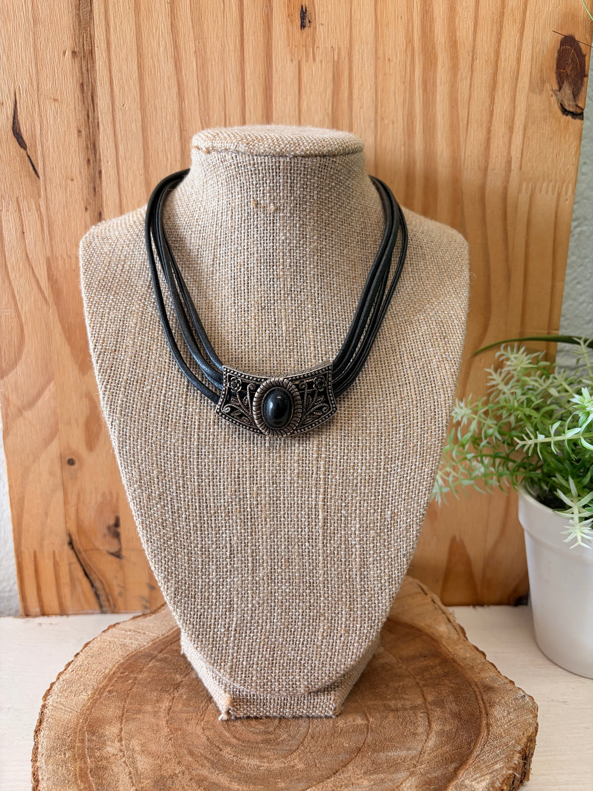 Black & Silver Tone Cord Choker Necklace