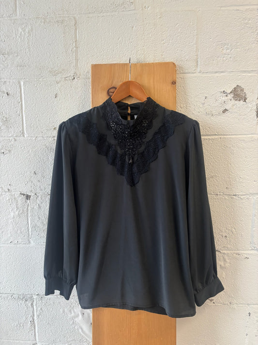 Vtg Black Edwardian Style Top : L