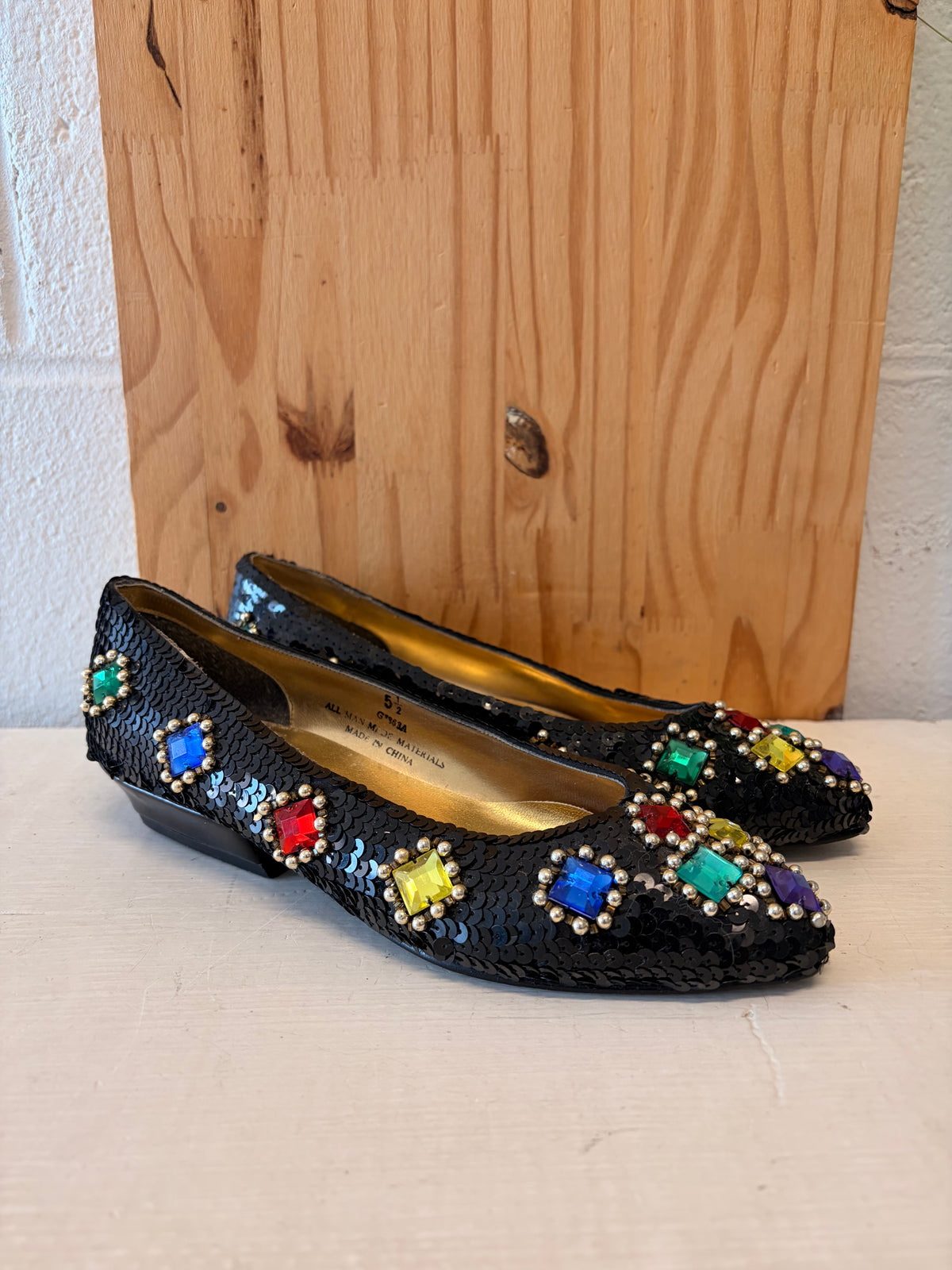 Vtg Sequins Gem Low Wedge Flats : Size 5.5
