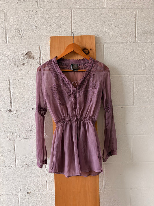 Semi Sheer Lilac Embroidered Blouse : S