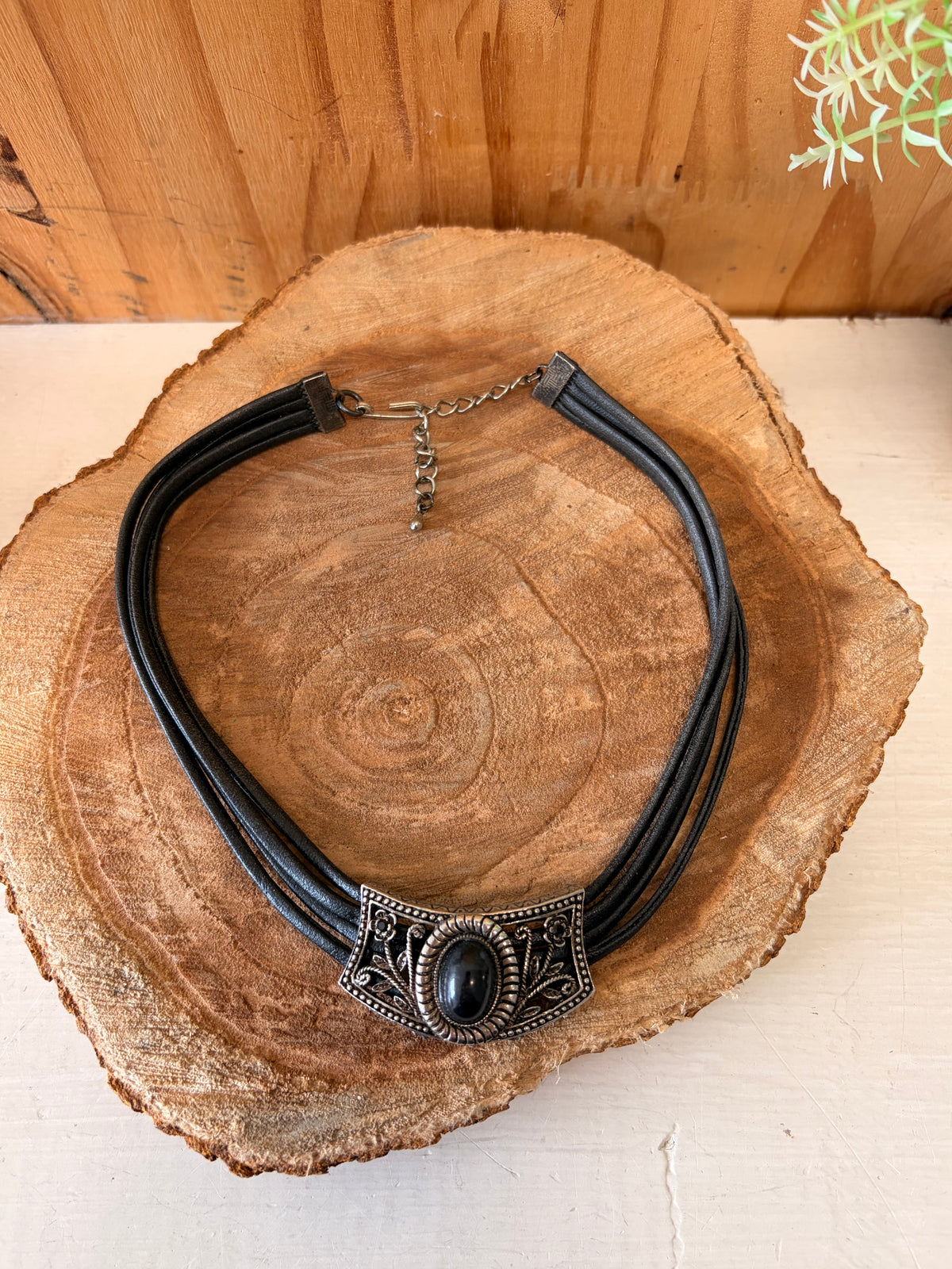 Black & Silver Tone Cord Choker Necklace