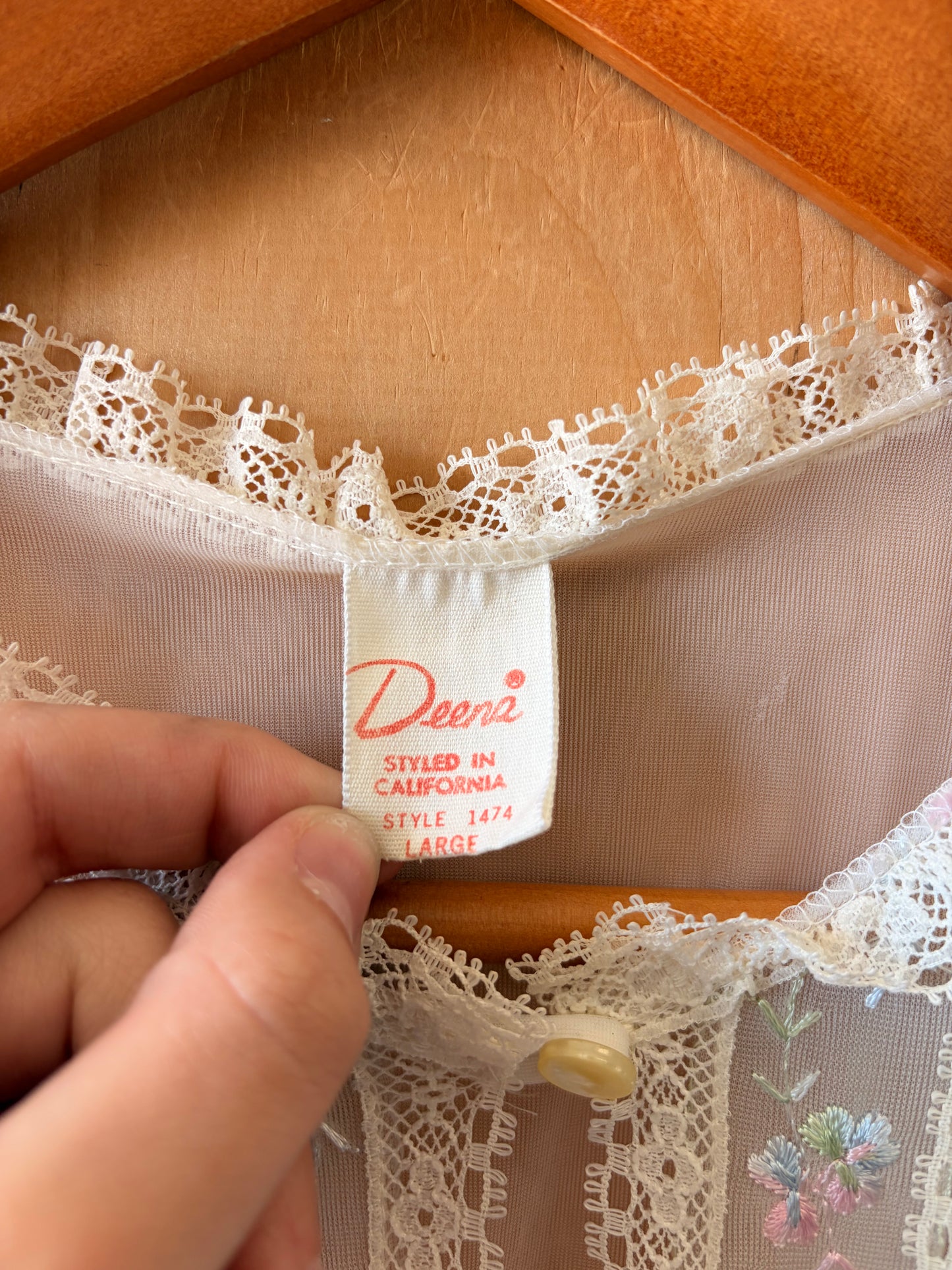 Vtg Deena Floral White Chiffon Robe : L