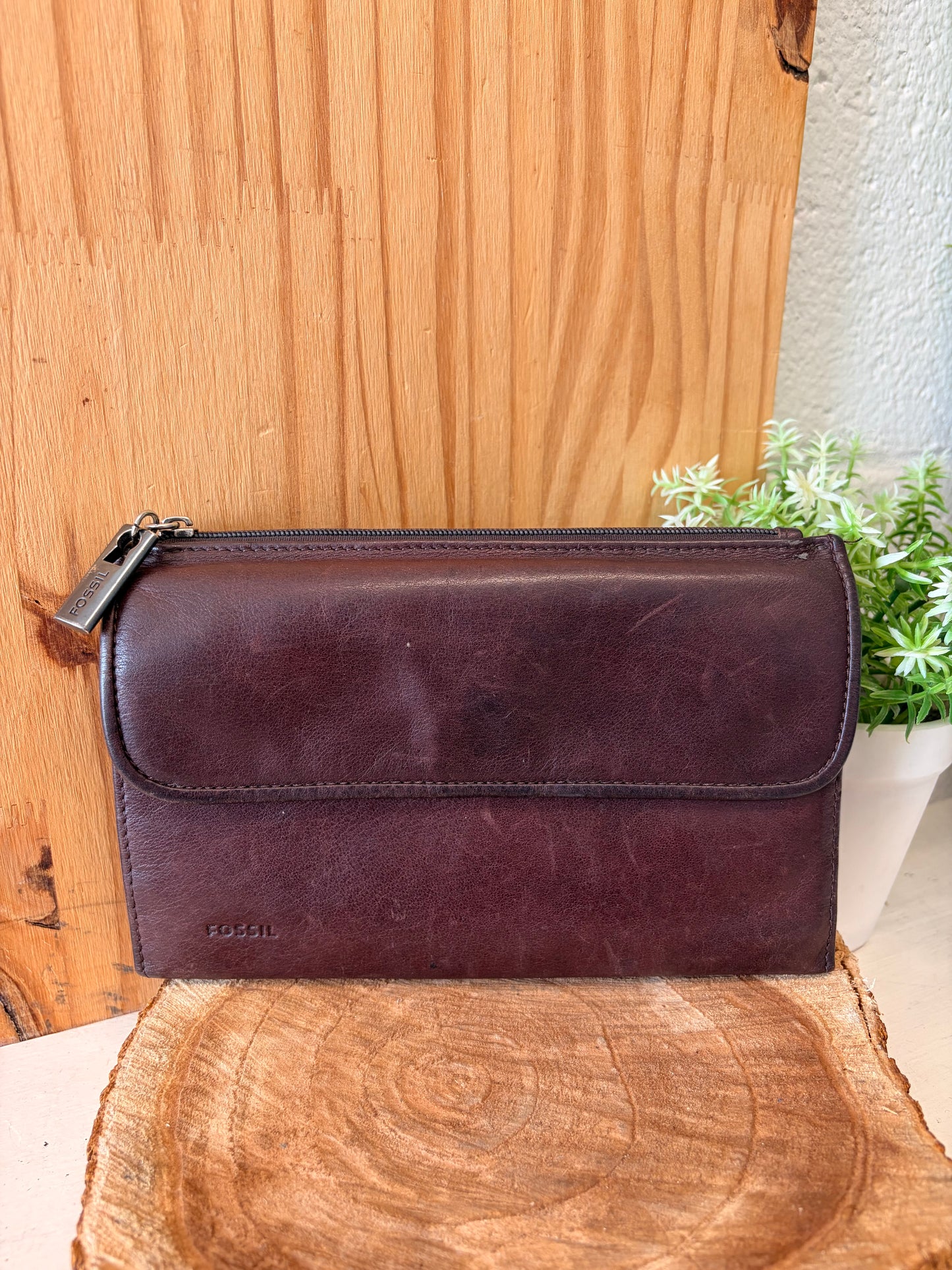 Vtg Fossil Deep Brown Leather Wallet