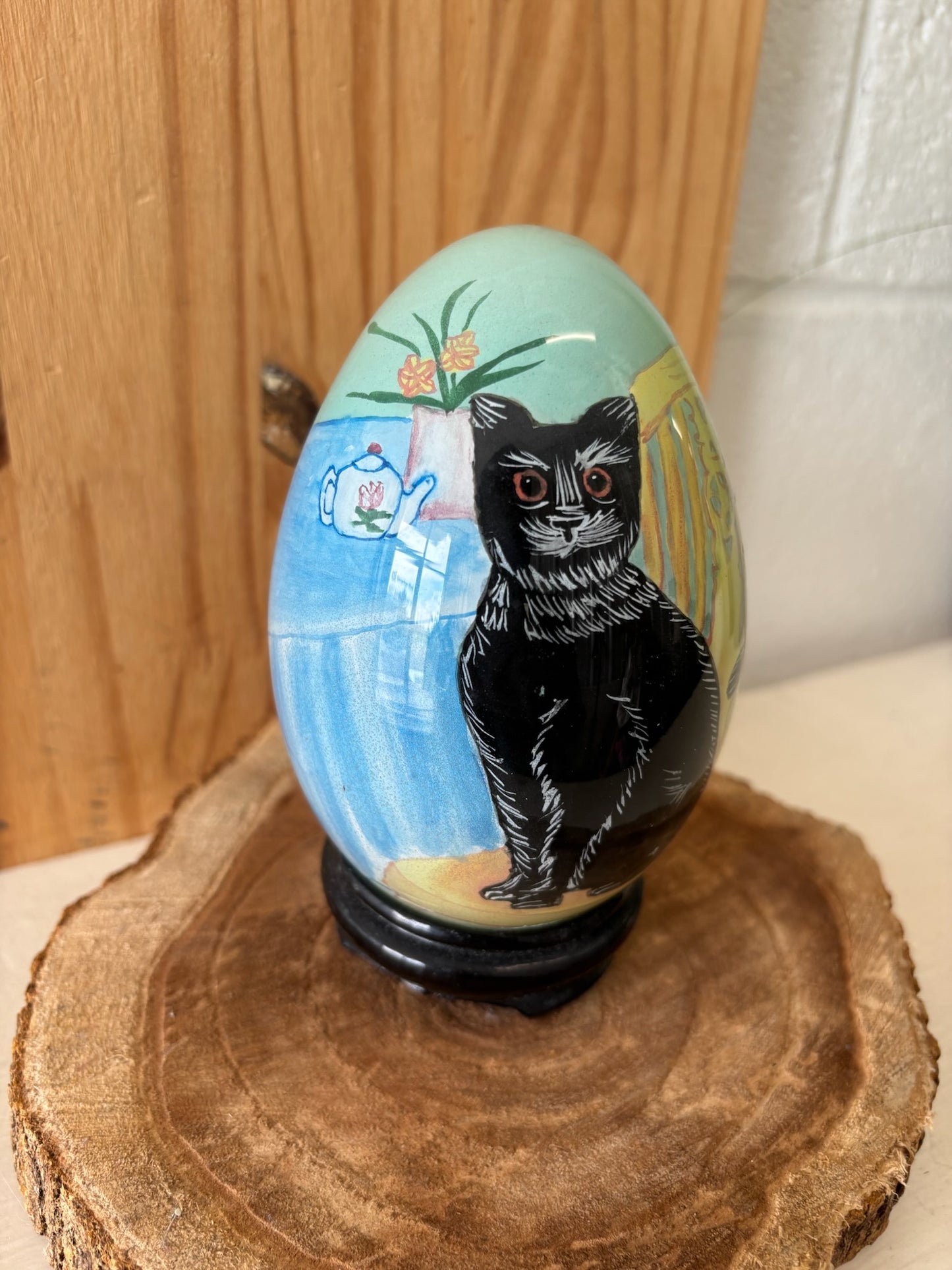 Painted Cat Egg on Stand (Local Pick Up Only)