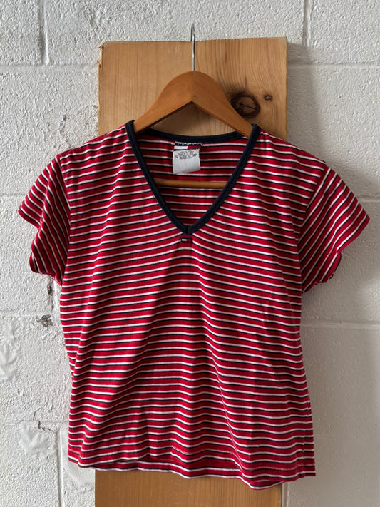Vtg Striped Tommy Hilfiger V-Neck Tee : L