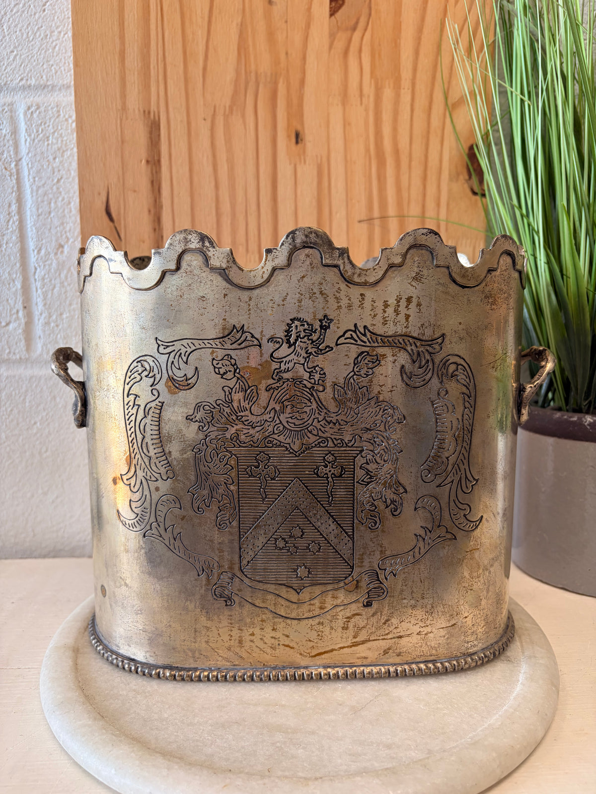 Vtg Silver Plated Double Wine Chiller With Coat of Arms Etching