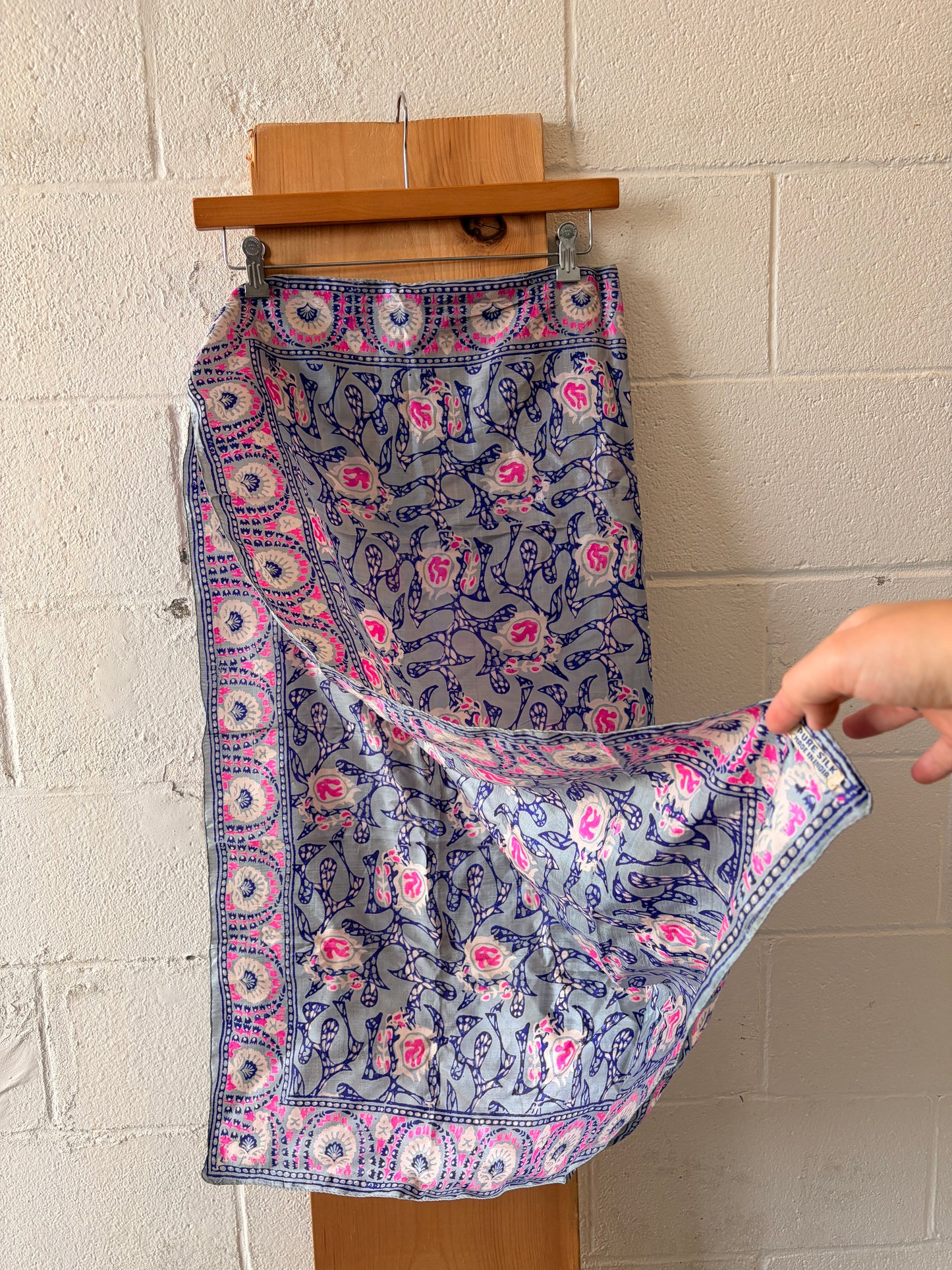 Pink & Blue Patterned Silk Scarf