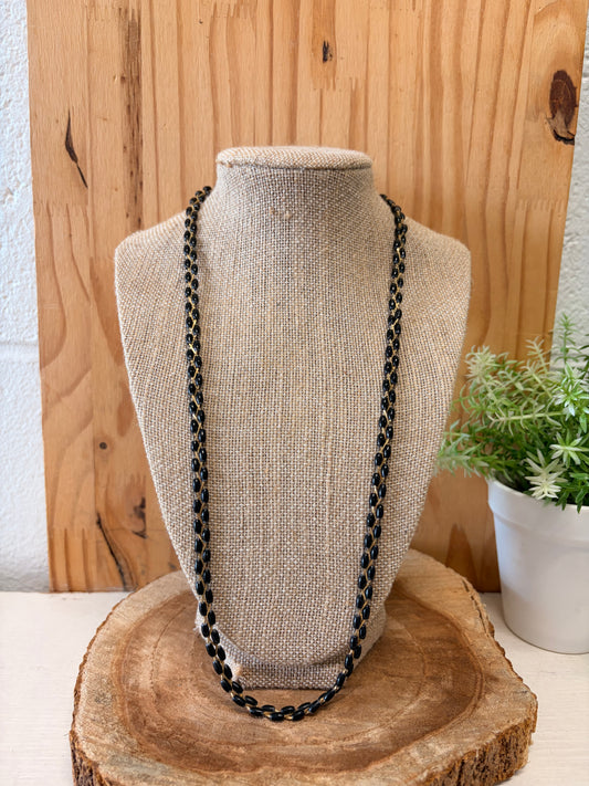Vtg Braided Gold Tone Black Beaded Necklace