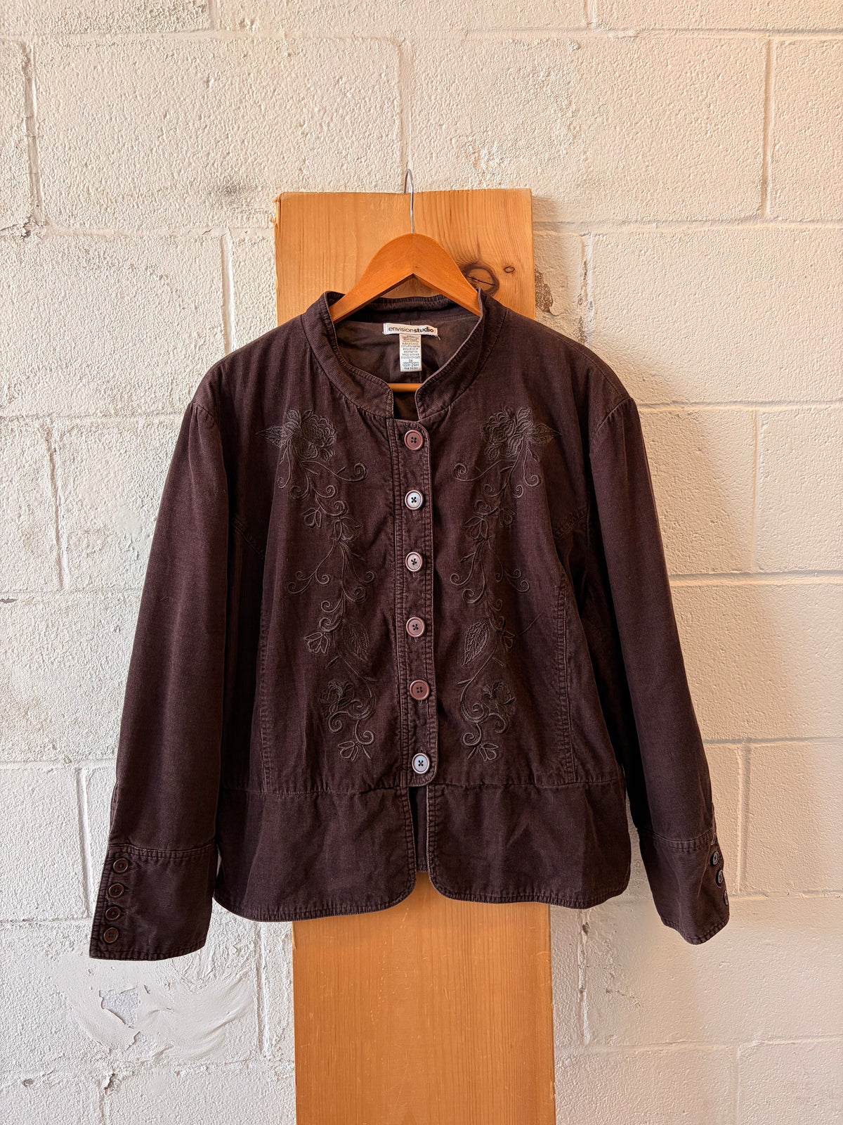 Floral Embroidered Brown Corduroy Peplum Jacket : 3X