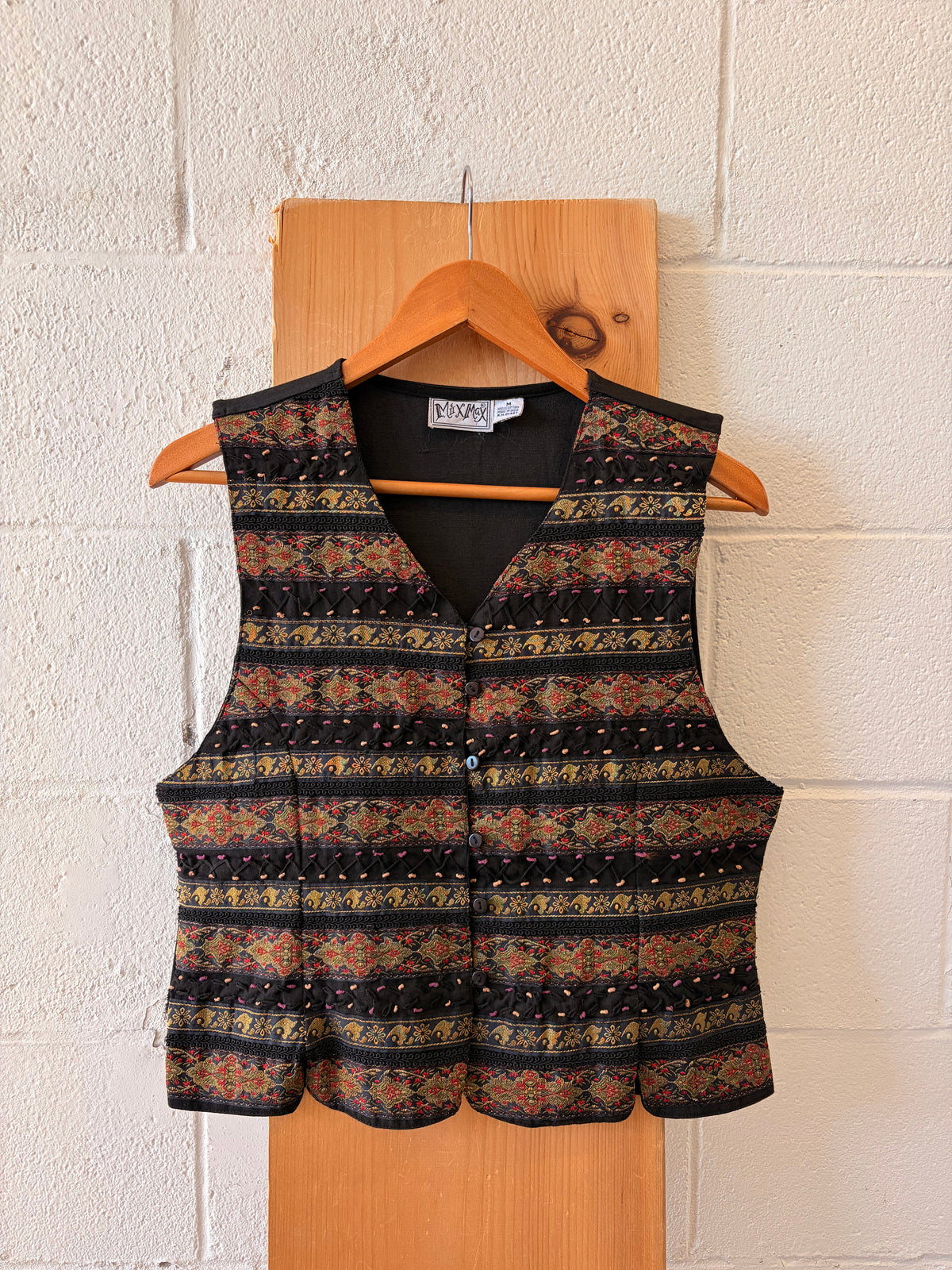 Vtg Embroidered Black & Gold Striped Vest : M