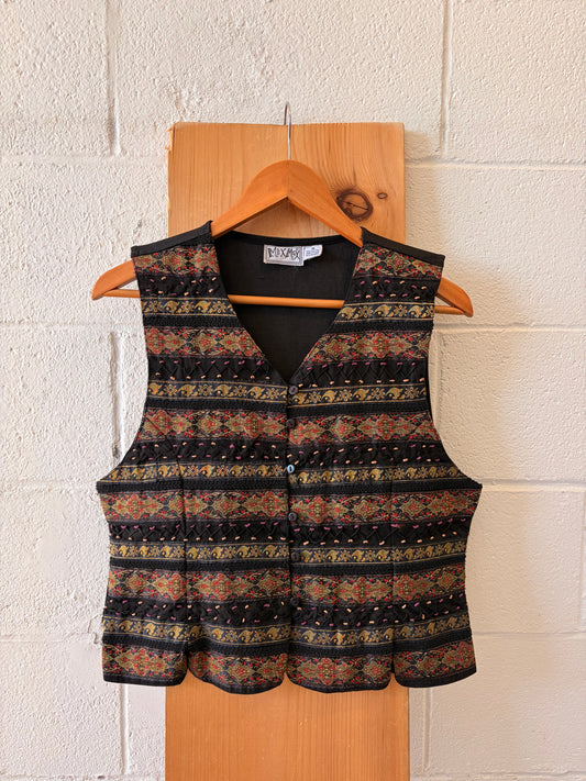 Vtg Embroidered Black & Gold Striped Vest : M