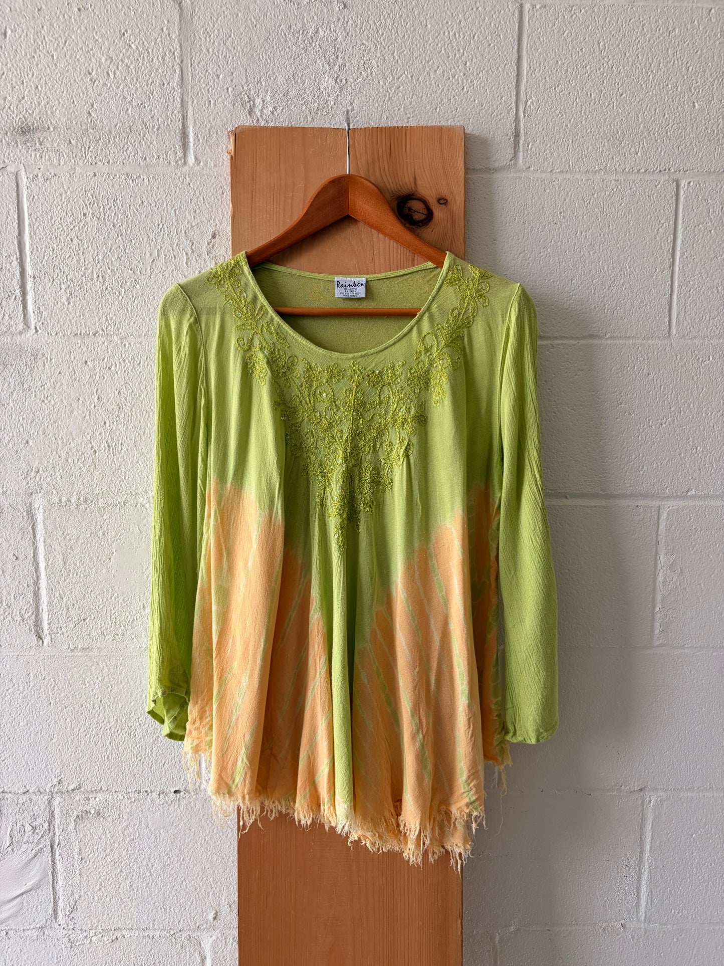 Embroidered Green & Orange Flowy Top : OS