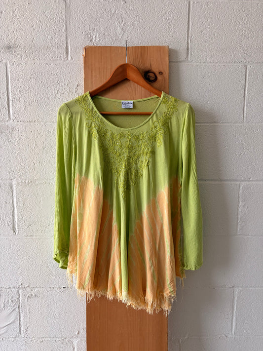 Embroidered Green & Orange Flowy Top : OS