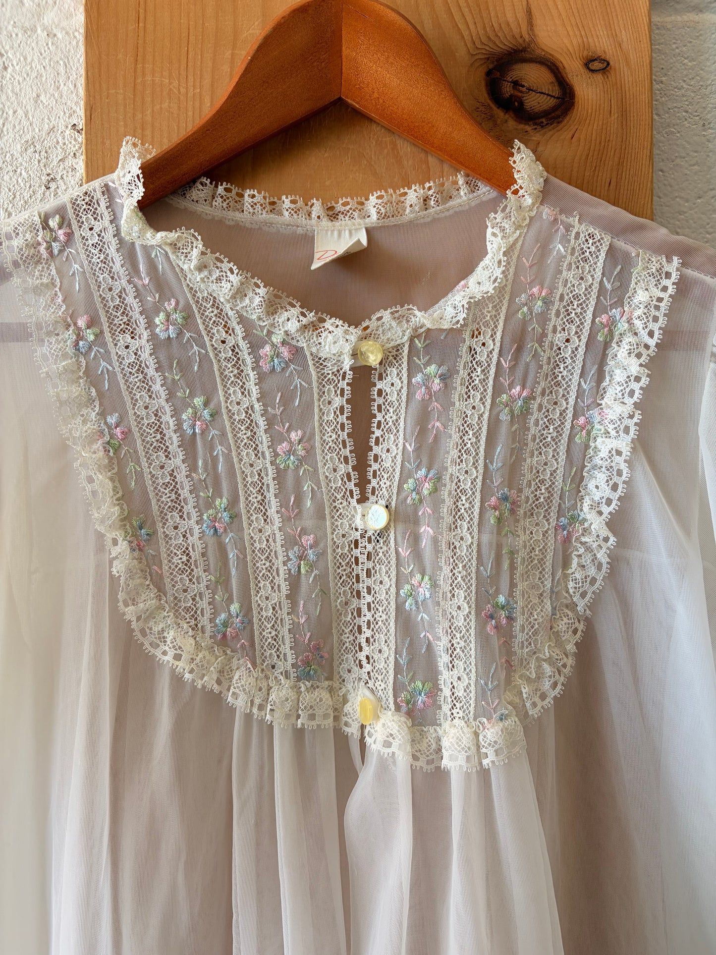 Vtg Deena Floral White Chiffon Robe : L