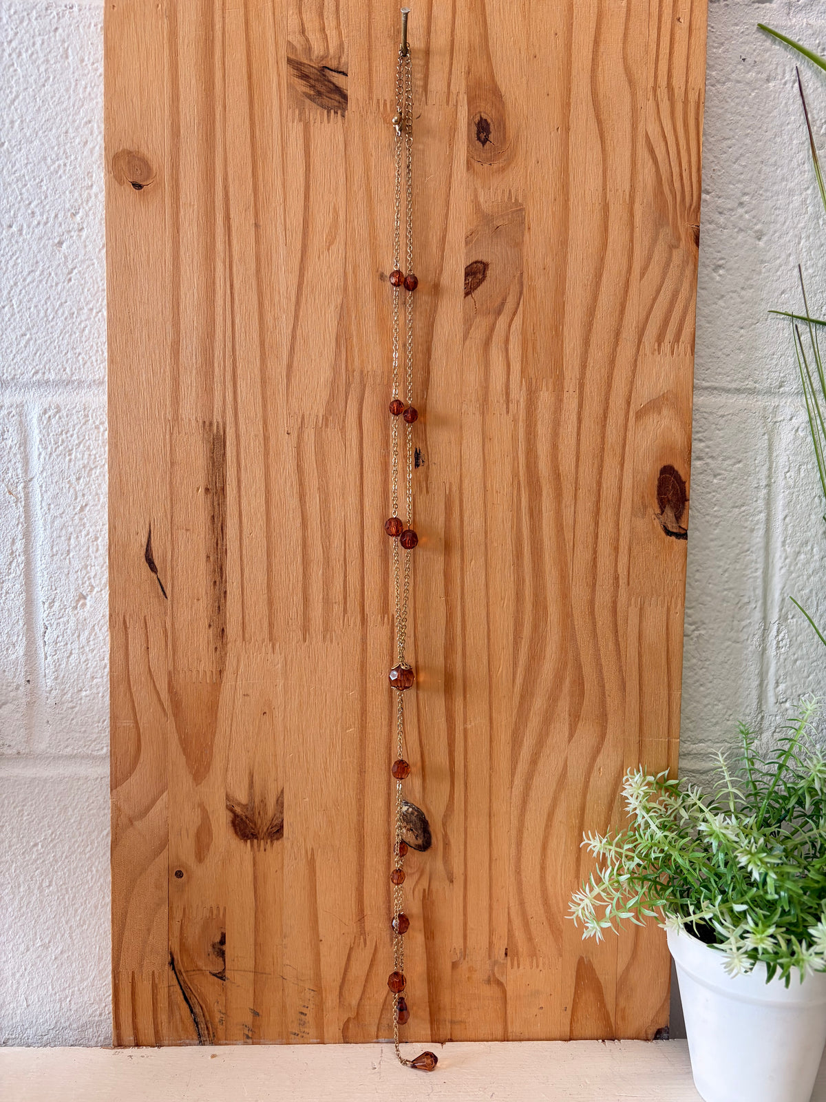 Long Amber & Gold Tone Beaded Necklace