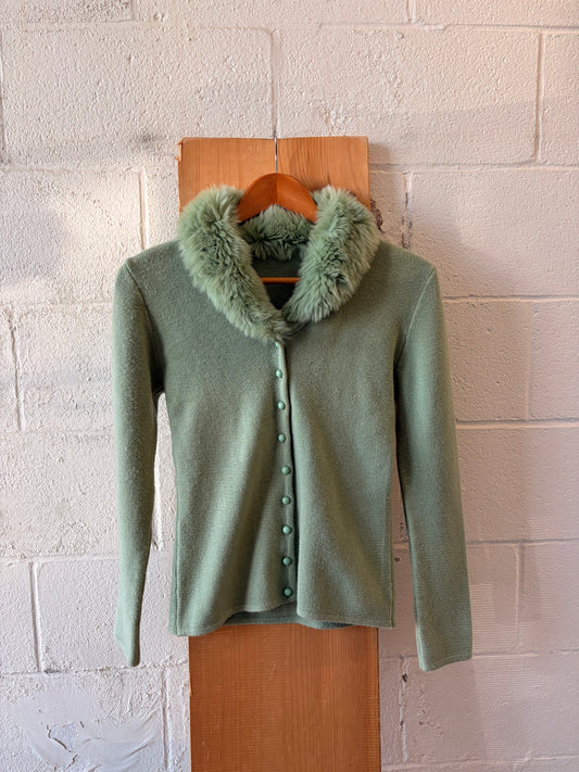 Fur Collared Mint Green Cardigan : S/M