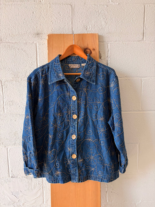 Floral Embroidered Denim Jacket :  L