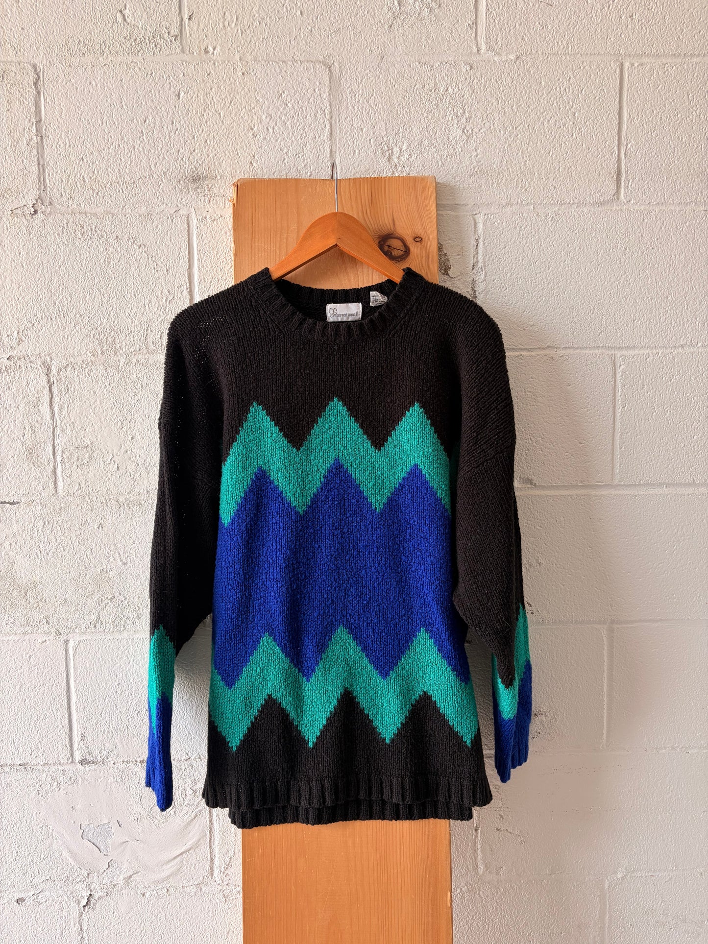 Vtg Black & Blue Patterned Sweater : L